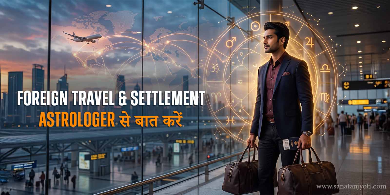 Foreign Travel & Settlement Astrologer से बात करें – विदेश यात्रा, नौकरी, पढ़ाई और विदेश में बसने से जुड़े प्रश्नों के लिए व्यक्तिगत वैदिक ज्योतिष परामर्श